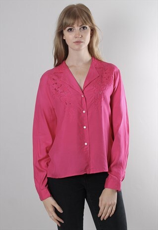 VINTAGE 80S PINK SILK EMBROIDERED BLOUSE