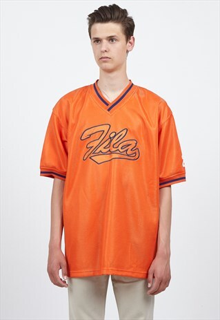 90S VINTAGE ORANGE FILA LOGO V-NECK T-SHIRT