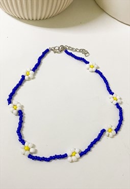 Daisy Beaded Choker Necklace in Colbalt Blue