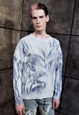 Oil wash sweater tie-dye cable knit jumper grunge top blue
