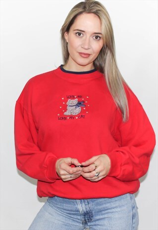 VINTAGE 90'S LOVE ME LOVE MY CAT RED SWEATSHIRT