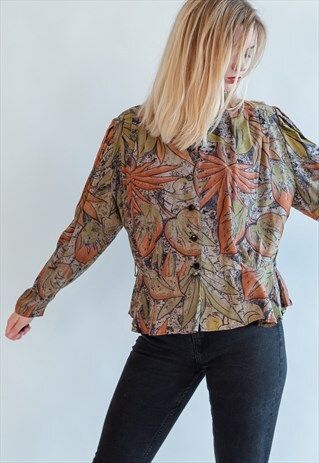 VINTAGE 70S TROPIC PRINT LONG SLEEVE BLOUSE
