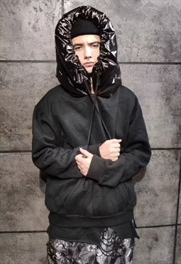 Technical padded hoodie velvet look rave hooded jumper black