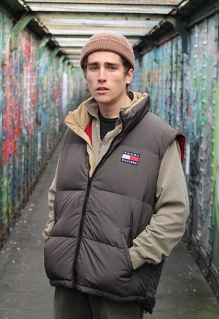 VINTAGE 90S TOMMY HILFIGER TAN PUFFY PUFFER GILET JACKET