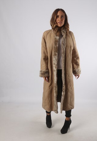 VINTAGE SHEEPSKIN SUEDE SHEARLING COAT LONG UK 12 M (D93F)