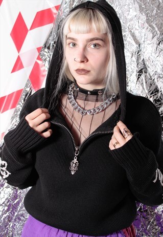 90S GRUNGE Y2K GOTHIC BLACK 1/4 ZIP BIKER HOODED KNIT JUMPER