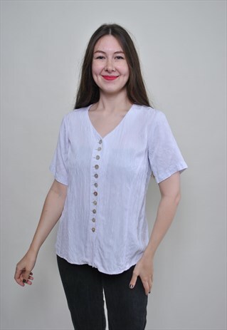 CUTE PINK BLOUSE, VINTAGE MINIMALIST V-NECK BUTTON UP SHIRT