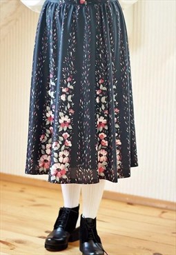 Black bright floral midi A-line skirt