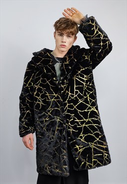 Going out coat fuzzy golden foil trench jacket fleece black