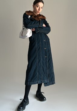 Y2K vintage long denim coat in navy blue