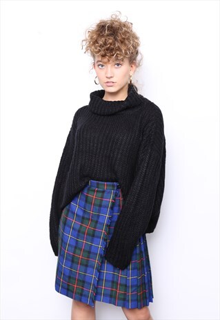 VINTAGE 80S BLUE TARTAN CHECK PLEATED MINI SKIRT