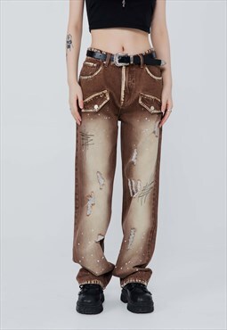 Washed out jeans wide denim ripped stain pants in brown