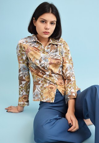 CUTE VINTAGE 70'S RETRO MOD FLORAL PRINT PETITE SHIRT TOP