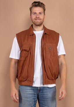 Vintage 80's Men Leather Zip Up Vest in Brown