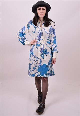 VINTAGE 60'S BLUE & WHITE CRAZY PRINT DRESS SIZE 10 TO 12
