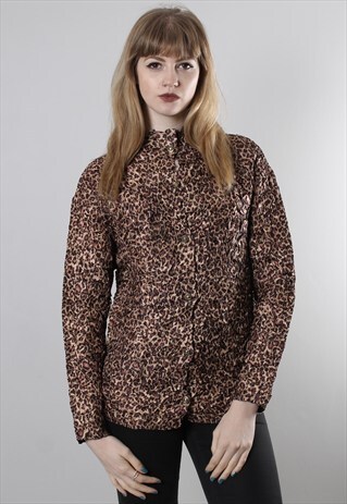 VINTAGE 80S LEOPARD PRINT PATTERNED HIGH NECK BLOUSE TOP