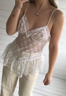 Vintage 80s White Sheer Lace Frilly Slip Lingerie Top Cami