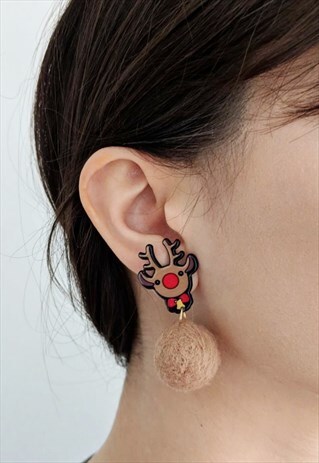CHRISTMAS NOVELTY EARRINGS RUDOLPH RED NOSE REINDEER POM POM