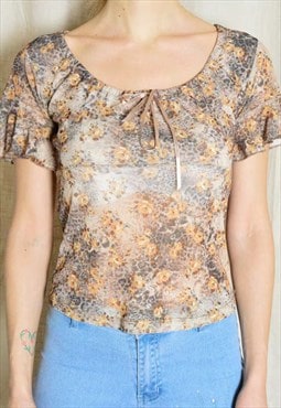 Y2K Beige Brown Leopard Flower Print Top With Bow