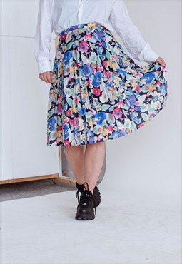 Vintage 80s Pleated Floral Pattern High Waist Woman Skirt M