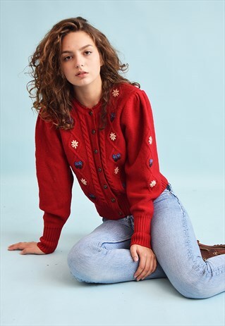 70'S RETRO FLORAL EMBROIDERY KNIT WOOLEN CARDIGAN TOP