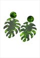 Large Tropical Leaf Green Clip On Earrings 