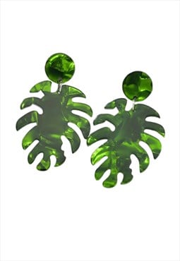 Large Tropical Leaf Green Clip On Earrings 