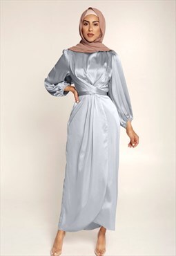 Grey Tie Front Wrap Puff Sleeve Abaya Maxi Dress