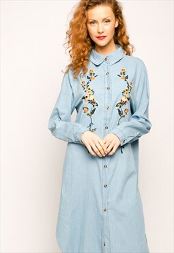 Floral Embroidered denim shirt dress in light blue