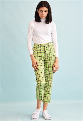 90'S RETRO HIGH WAIST CHECKED PRINT SHORT CUT DENIM JEANS