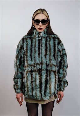 Tie-dye faux fur jacket striped coat grunge fleece bomber 