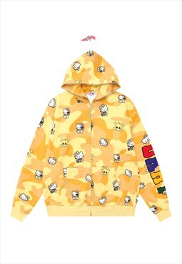 Military print hoodie anime pullover Kawaii top camo yellow