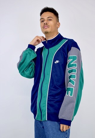 VINTAGE 90'S BLUE & GREEN NIKE ZIP UP JACKET WITH HIGH NECK