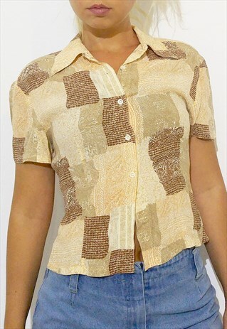 VINTAGE 90'S LIGHT VISCOSE CROP TOP / SHIRT PATCHWORK PATTER