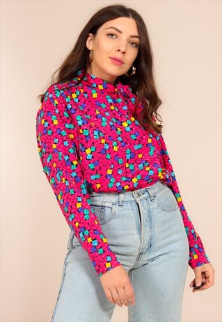 VINTAGE 80S PUSSY BOW BLOUSE IN GRAPHIC PRINT