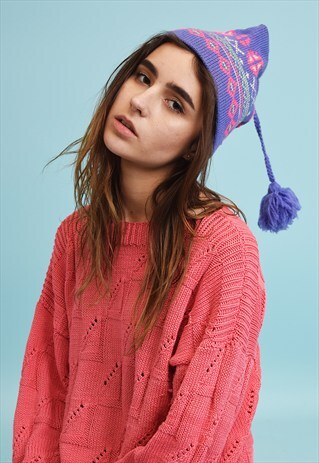 70'S RETRO KNITTED POM POM FAIR ISLE BEANIE