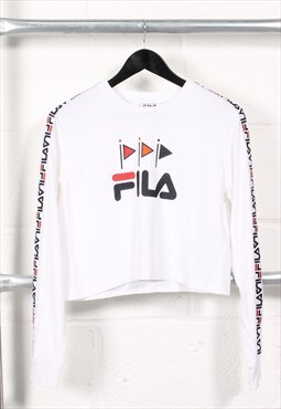 Vintage Fila Long Sleeve Crop Top in White Sports Tee Small