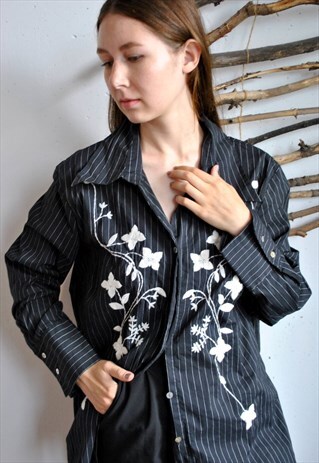 90S BLACK STRIPED BLOUSE, FLOWERS PRINT LONG SLEEVE SHIRT