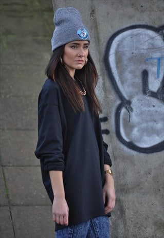 RETRO NEW PLAIN BLACK OVERSIZED LONG SLEEVE TEE SHIRT TOP