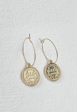 Gold Textured Circle Hoop Coin Disc Dainty Earrings