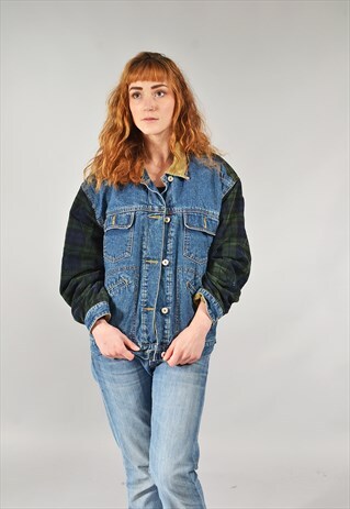 VINTAGE DARK BLUE CHECKED SLEEVED DENIM JACKET
