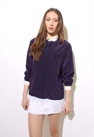 VINTAGE 1980'S 80'S JAEGER PURPLE BUTTON DOWN BLOUSE S-M