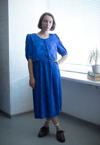 VINTAGE 80'S MIDI BRIGHT BLUE SHORT SLEEVED PLEATED DRESS