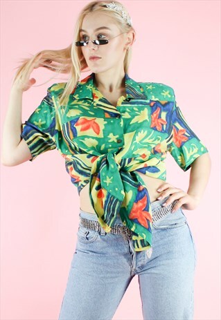 VINTAGE 90S SHIRT GREEN FLORAL Y2K YELLOW PATTERN FESTIVAL