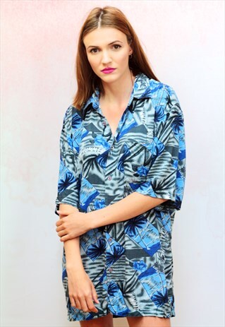 1990S VINTAGE BLUE HAWAIIAN VISCOSE OVERSIZED SHIRT