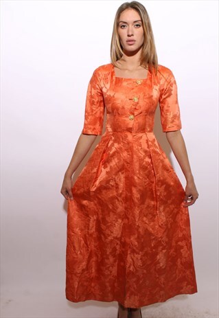 VINTAGE 1950'S 50'S CORAL BROCADE SATIN PEARL LONG GOWN XS-S