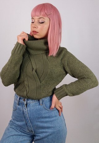 VINTAGE 90'S CABLE KNIT LARGE COWL NECK SWEATER OLIVE GREEN