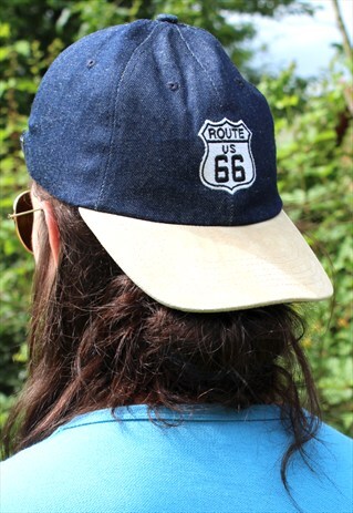 VINTAGE 90S USA ROUTE 66 DENIM CAP HAT - RARE
