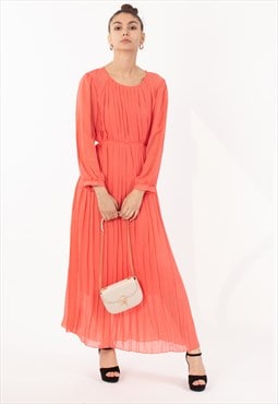 Pleated Maxi Dress with Long Sleeves in coral pink