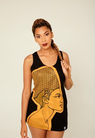 JUMBO PRINT VEST DRESS IN BLACK YELLOW QUEEN NEFERTITI MANGA